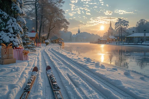 A serene and tranquil winter scene showcasing ski tracks, a stunning frozen lake, and a beautiful sunrise glow