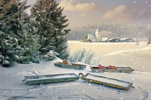 Sleds are peacefully resting in a serene snowy landscape, with a charming picturesque farm in the background