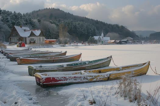 In a serene winter landscape, colorful boats rest on a frozen lake with snowcovered hills in the background