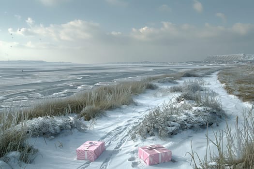 A beautifully serene winter landscape showcases delightful pink gifts placed on a snowy shore beneath a tranquil sky