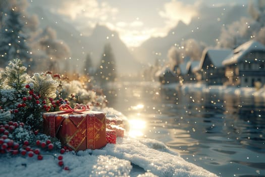 A beautifully serene winter landscape exhibits a blanket of snow, festive gifts, and a tranquil river flowing gently
