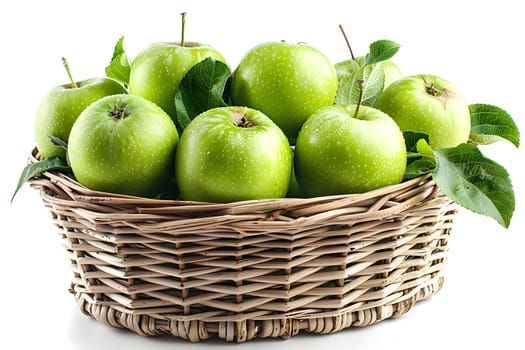 A wooden basket filled with fresh Rangpur citrus fruits and green apples, surrounded by vibrant green leaves and grass. A delicious mix of natural foods and ingredients