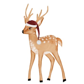 Watercolor Christmas card with deer. Hand drawn forest animal in a Santa hat on isolated white background. New Year card template. Ideal for greeting card and poster. High quality illustration