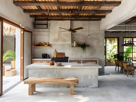 Cozy rustic kitchen with island, wooden elements, and open dining area