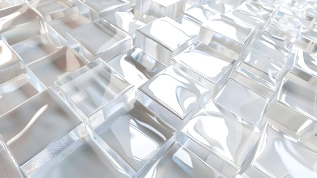 A close up of a rectangular pattern of clear ice cubes on a grey metal tableware surface, resembling a buildings glass composite material flooring