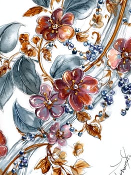 Hand painted watercolor floral arrangement with red and purple flowers, golden branches, and blue berries, adding sophistication to projects