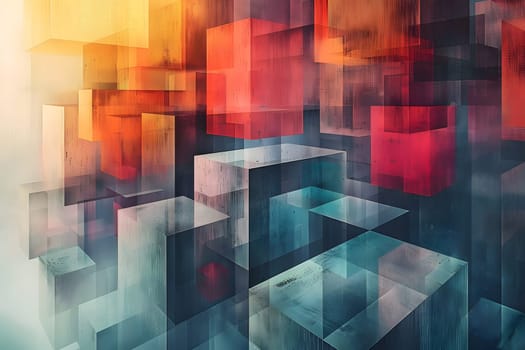 A vibrant display of colorful cubes hovering in the air, creating an artistic pattern of tints and shades. Shades of magenta, triangles, and facades interweave in a dynamic composition