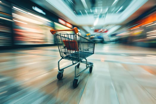 Empty shopping cart in motion inside a busy shopping mall with blurred background