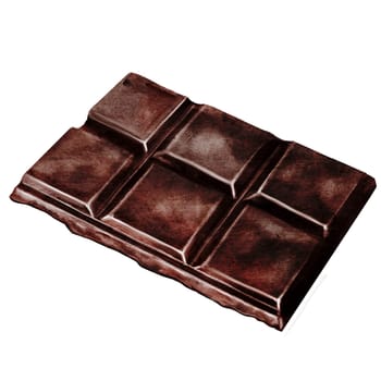 Chocolate watercolor. Hand drawn dark chocolate bar filled with kataifi and pistachio paste on isolated white background. Clip art of sweet dessert. Ideal for logo and packaging of sweets, coffee shop menu and recipes. High quality illustration