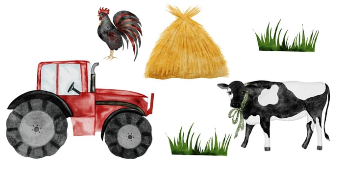 Cute farm animal and tractor set. Hand drawn cow, rooster, haystack and red tractor on isolated white background. Country style clip art. Ideal for educational cards and posters. High quality illustration