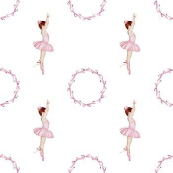 Ballerina watercolor pattern. Hand drawn seamless incredible girl dancer in pink tutu skirt with vintage bows. Clip art on isolated white background of cute ballet beauty.Ideal for baby textiles