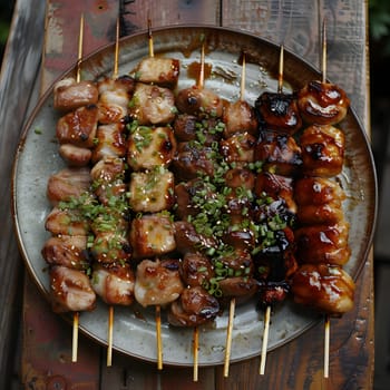 A selection of meat skewers, such as shish taouk, sate kambing, or brochettes, arranged on a rustic wooden table, showcasing a variety of cuisines and fast food options