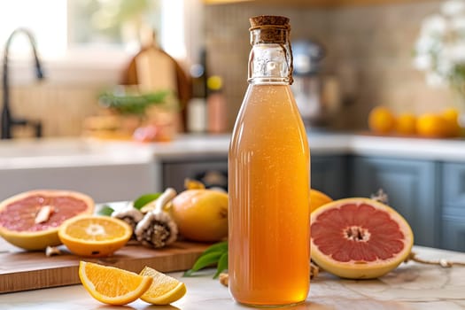 A bottle of citrus juice, possibly grapefruit, rests on the kitchen counter among other fruits like Valencia oranges, Clementines, and Bitter oranges