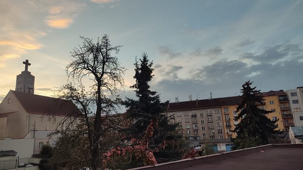 October 23 2024 Hradec Kralove Czech Republic Europe Church of the Heart of God in Art Nouveau style center old city architecture building cross religion, sunset. High quality photo
