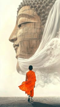 Buddhist monk in an orange robe walks towards a majestic buddha statue. With a white cloth flowing in the wind. The serene scene captures asian spirituality and culture. Offering peace and harmony
