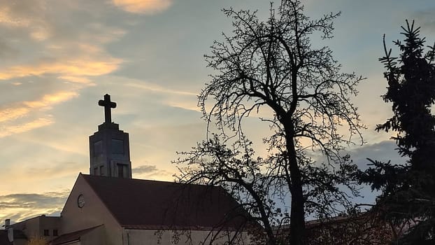 October 23 2024 , Hradec Kralove Czech Republic Europe,Church of the Heart of God in Art Nouveau style in the center of the old city, architecture of the building cross religion, sunset. High quality photo