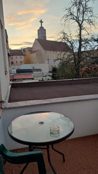 October 23 2024 Hradec Kralove Czech Republic Europe Church of the Heart of God in Art Nouveau style center old city architecture building cross religion, sunset. High quality photo