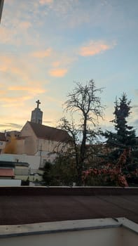 October 23 2024 Hradec Kralove Czech Republic Europe Church of the Heart of God in Art Nouveau style center old city architecture building cross religion, sunset. High quality photo