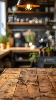 A wooden table is placed in the foreground with a kitchen visible in the background. The table is made of hardwood planks with a wood stain finish