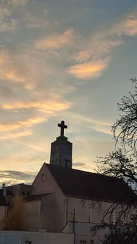 October 23 2024 Hradec Kralove Czech Republic Europe Church of the Heart of God in Art Nouveau style center old city architecture building cross religion, sunset. High quality photo