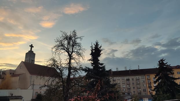 October 23 2024 Hradec Kralove Czech Republic Europe Church of the Heart of God in Art Nouveau style center old city architecture building cross religion, sunset. High quality photo