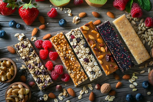 There is a variety of granola bars displayed in the marketplace at the citys event. The natural foods offer sweetness in a textile of cuisine