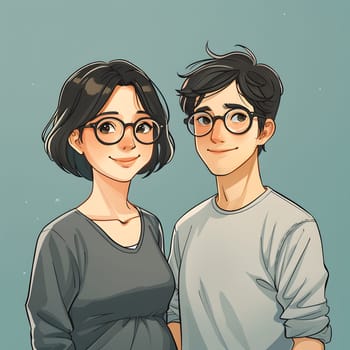 A man and a woman with eyewear are smiling, standing side by side. The man has glasses with wings on the sleeve, while the woman has a chin gesture
