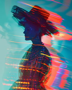 Silhouetted woman in a futuristic hat and dress with neon lights blur.