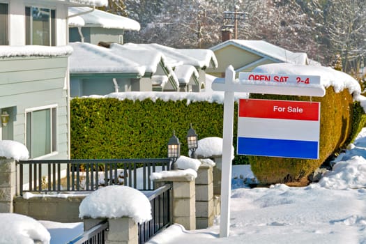 Real Estate for sale. House in snow For Sale. Sign on the Post. Winter