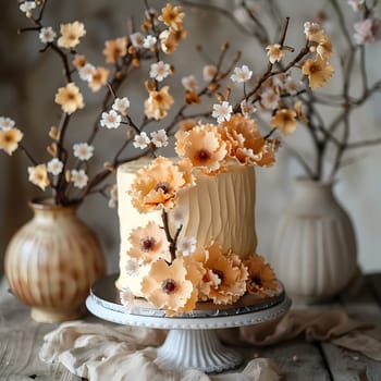 A delicious cake decorated with orange flowers sits on a cake stand, surrounded by serveware and dishware on a porcelain table
