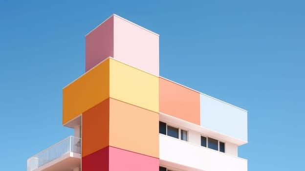 A colorful building with blue sky in minimalist style. Generative AI image weber.