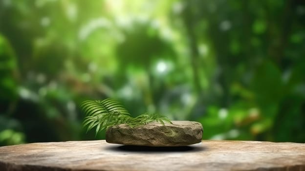 Empty stone table for product advertising display in fresh green jungle blur background. Generative AI image weber.