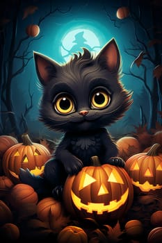 Cute black cat, Halloween cat against the backdrop of a spooky forest and surrounded by pumpkins. AI Generated