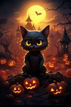 Cute black cat, Halloween cat against the backdrop of a spooky forest and surrounded by pumpkins. AI Generated