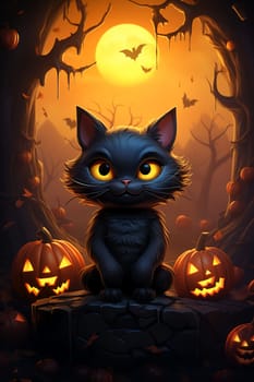 Cute black cat, Halloween cat against the backdrop of a spooky forest and surrounded by pumpkins. AI Generated