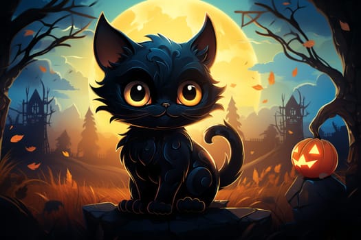 Cute black cat, Halloween cat against the backdrop of a spooky forest and surrounded by pumpkins. AI Generated