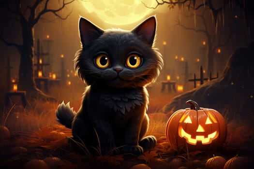 Cute black cat, Halloween cat against the backdrop of a spooky forest and surrounded by pumpkins. AI Generated