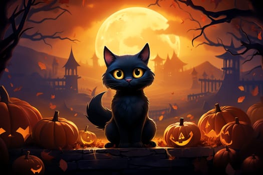 Cute black cat, Halloween cat against the backdrop of a spooky forest and surrounded by pumpkins. AI Generated