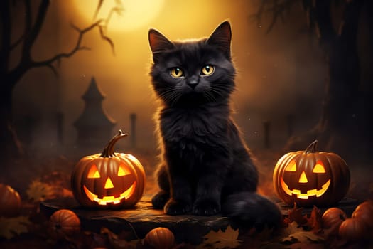 Cute black cat, Halloween cat against the backdrop of a spooky forest and surrounded by pumpkins. AI Generated