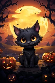 Cute black cat, Halloween cat against the backdrop of a spooky forest and surrounded by pumpkins. AI Generated