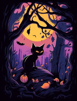 Cute black cat, Halloween cat against the backdrop of a spooky forest and surrounded by pumpkins. AI Generated