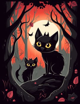 Cute black cat, Halloween cat against the backdrop of a spooky forest and surrounded by pumpkins. AI Generated