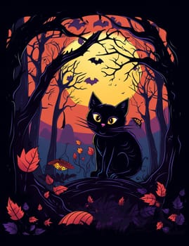 Cute black cat, Halloween cat against the backdrop of a spooky forest and surrounded by pumpkins. AI Generated