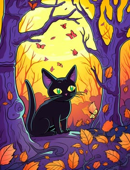 Cute black cat, Halloween cat against the backdrop of a spooky forest and surrounded by pumpkins. AI Generated