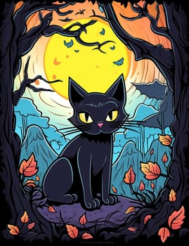 Cute black cat, Halloween cat against the backdrop of a spooky forest and surrounded by pumpkins. AI Generated