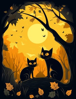 Cute black cat, Halloween cat against the backdrop of a spooky forest and surrounded by pumpkins. AI Generated