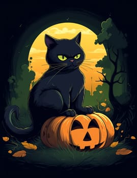 Cute black cat, Halloween cat against the backdrop of a spooky forest and surrounded by pumpkins. AI Generated