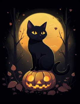 Cute black cat, Halloween cat against the backdrop of a spooky forest and surrounded by pumpkins. AI Generated