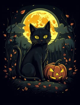 Cute black cat, Halloween cat against the backdrop of a spooky forest and surrounded by pumpkins. AI Generated