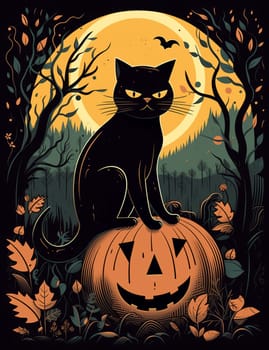 Cute black cat, Halloween cat against the backdrop of a spooky forest and surrounded by pumpkins. AI Generated